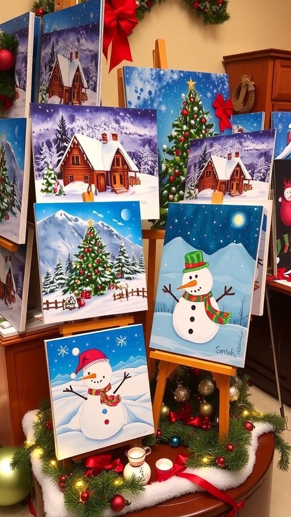 A collection of colorful Christmas canvas paintings including a snowy scene, Christmas tree, and snowman, displayed with holiday decorations.